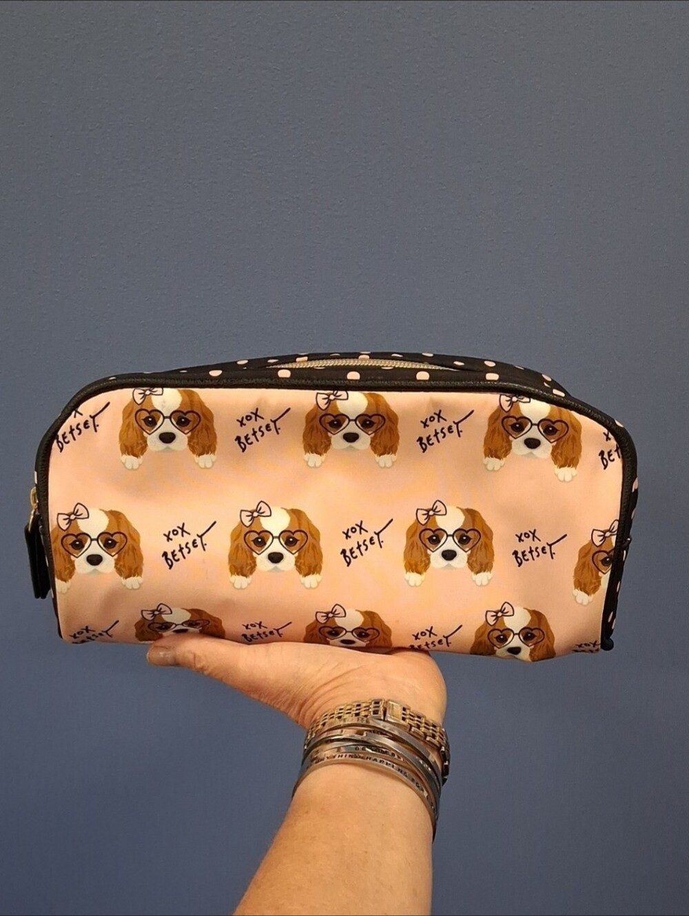 Betsey Johnson Pink Dog Print Cosmetic Pouch with Black Trim